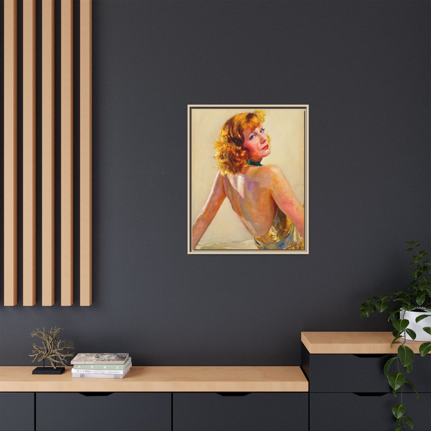 Framed Matte Canvas Print — Vintage Portrait of Redhead Greta Garbo in Gold Dress