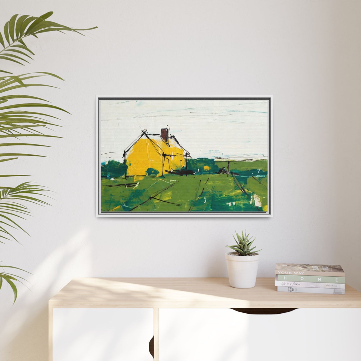 Yellow Cottage Landscape Framed Canvas Print