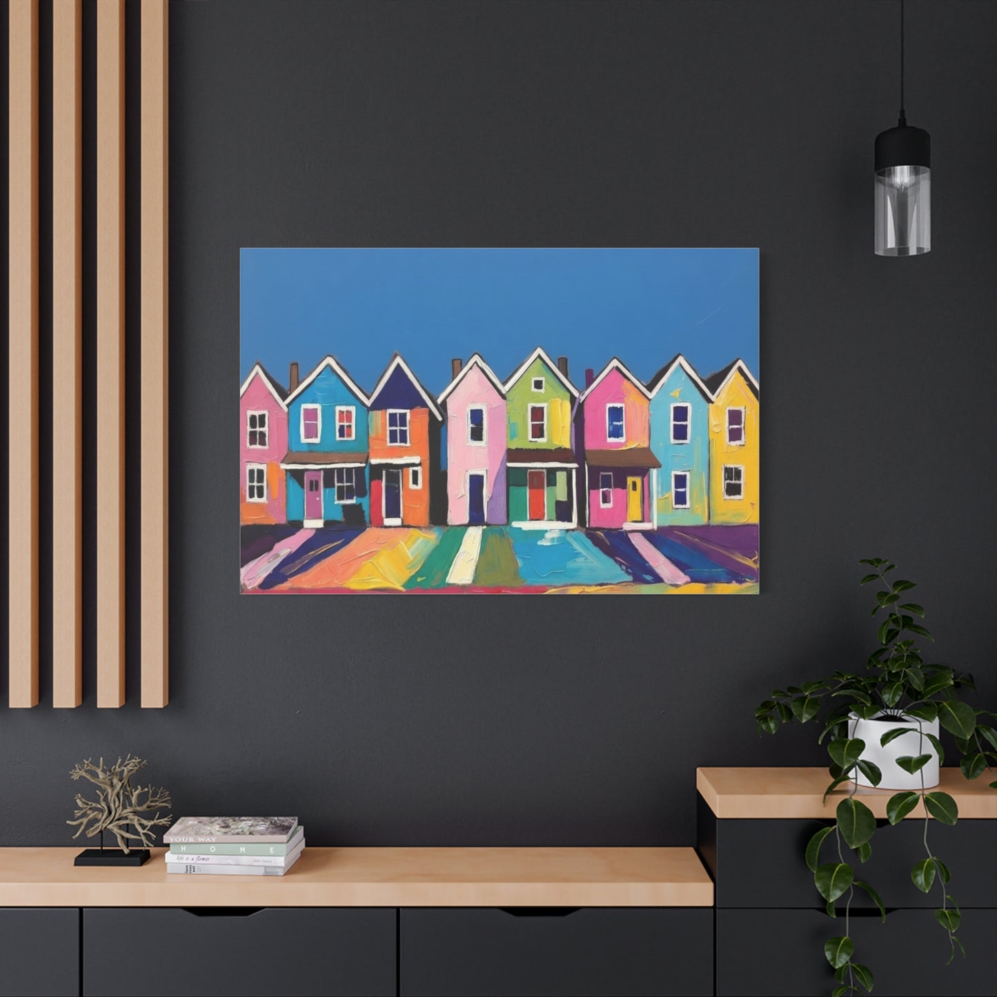Colorful Row Houses Matte Canvas Print Vibrant Coastal Neighborhood Wall Art
