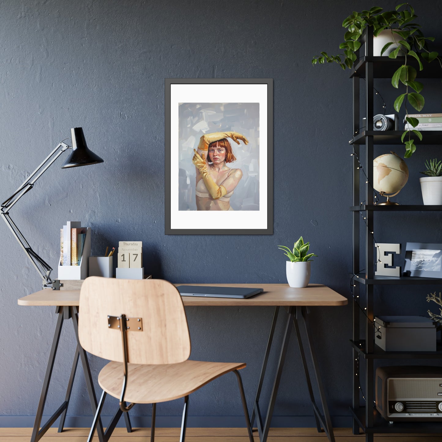 Framed Art Print — Portrait of Woman in Yellow Gloves (Modern Figurative Wall Art)