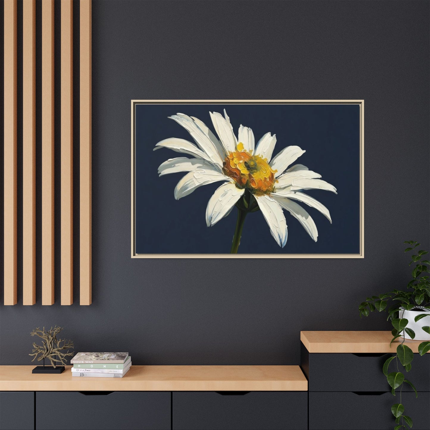 Framed Matte Canvas Daisy Wall Art — White Floral Painting on Navy