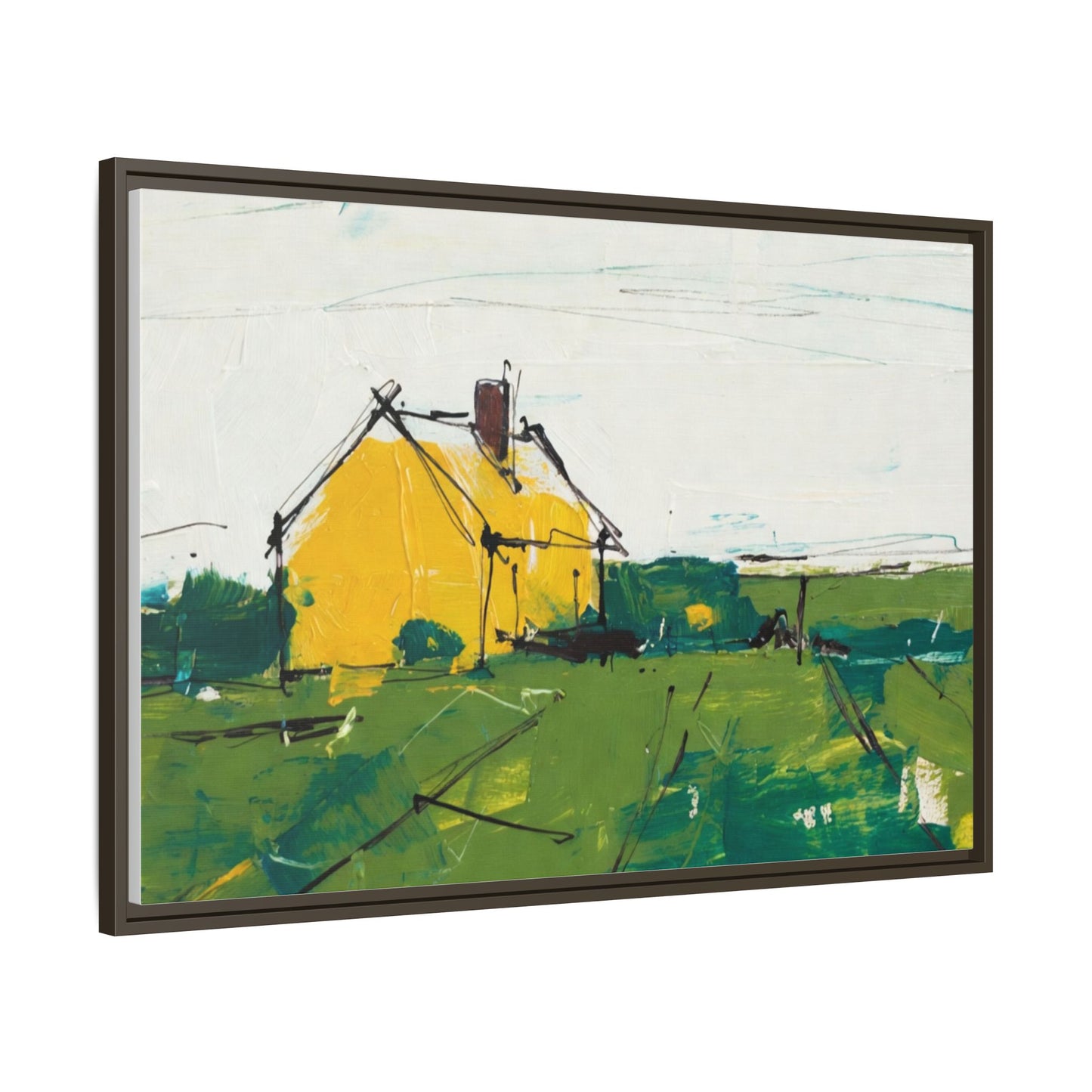 Yellow Cottage Landscape Framed Canvas Print