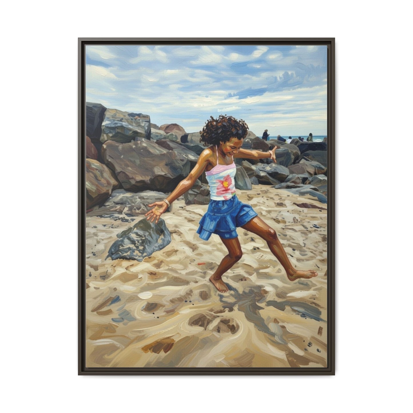 Framed Canvas Art - Girl Dancing on the Beach (Matte Multi-Color)
