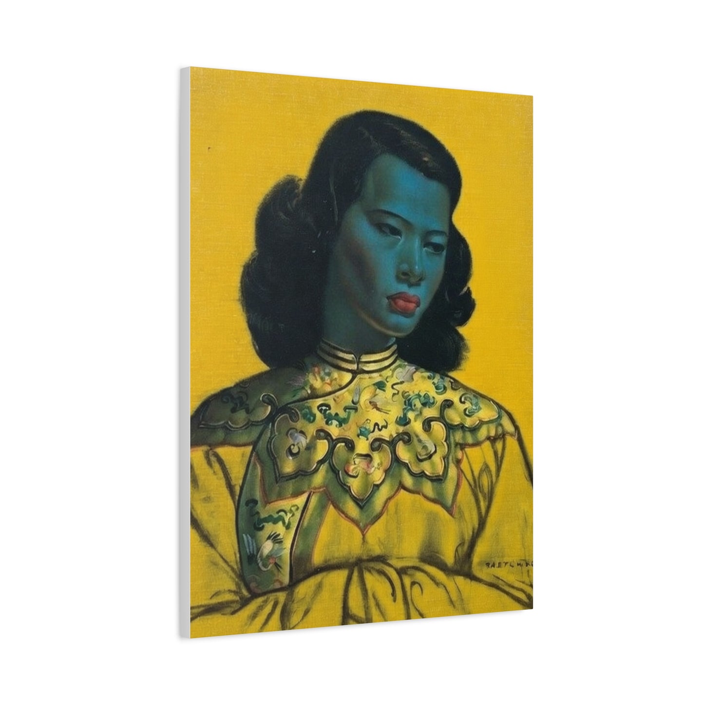 Vintage Portrait Canvas Print — Mid-Century Asian Woman Art on Yellow Background