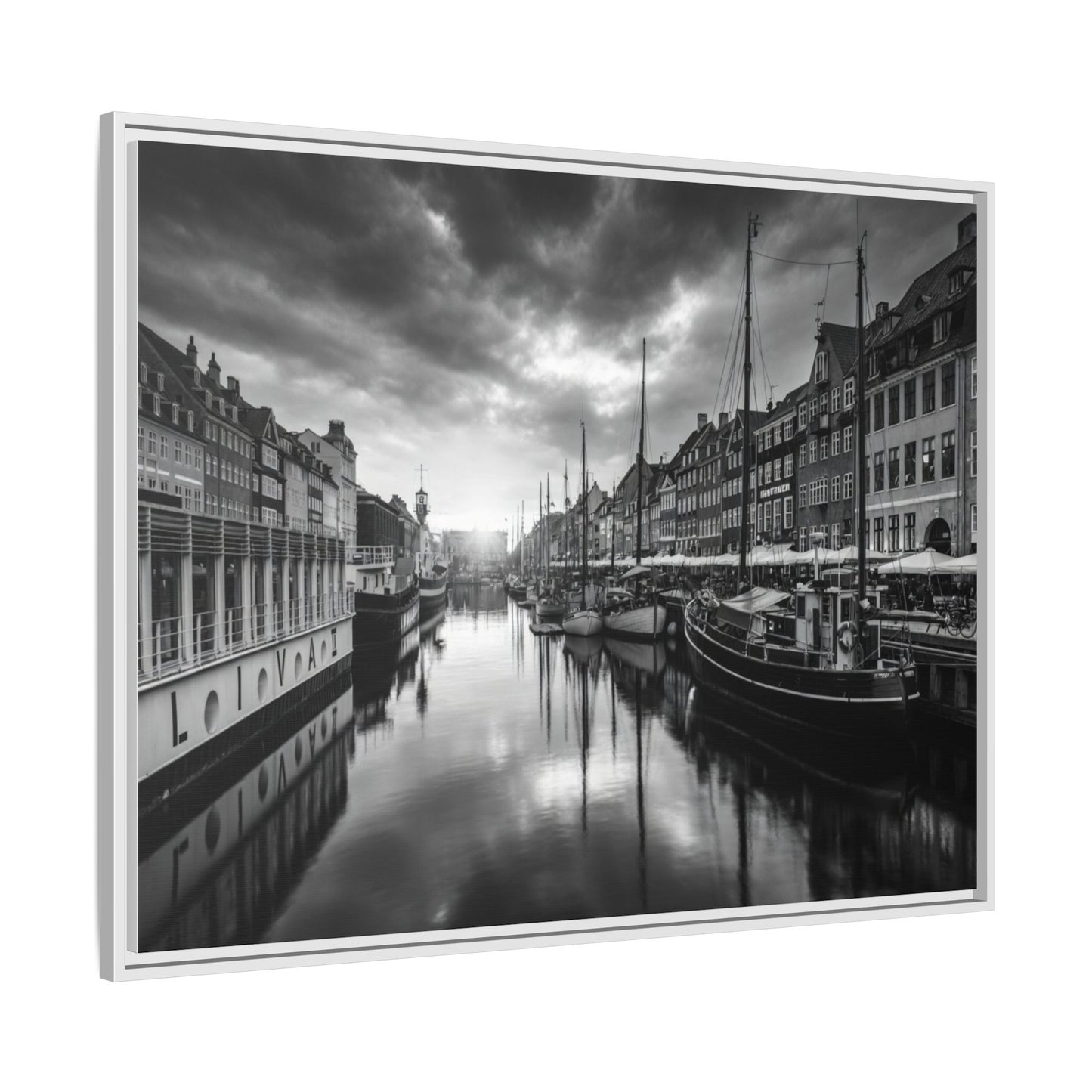 Framed Matte Canvas: Black & White Dutch Canal Photography Wall Art