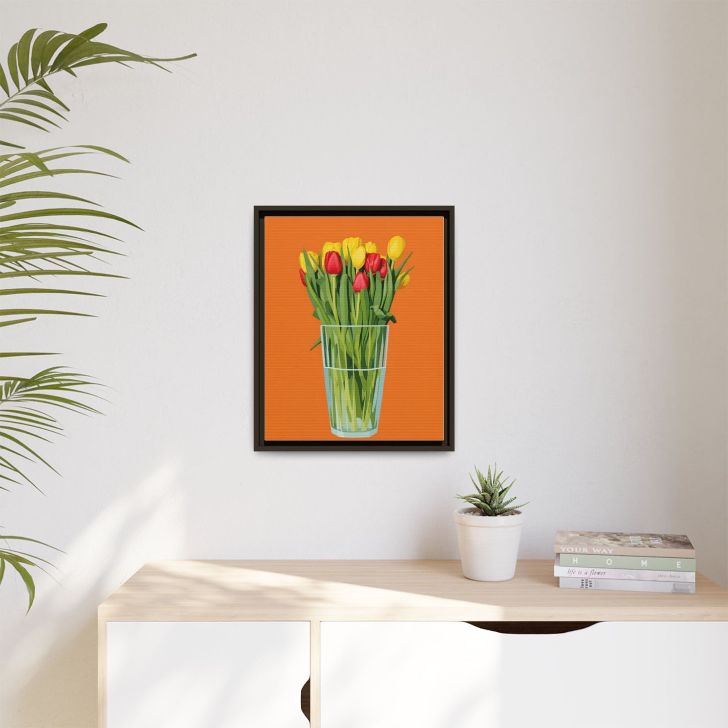 Framed Tulip Canvas Print — Colorful Tulips in Glass Vase