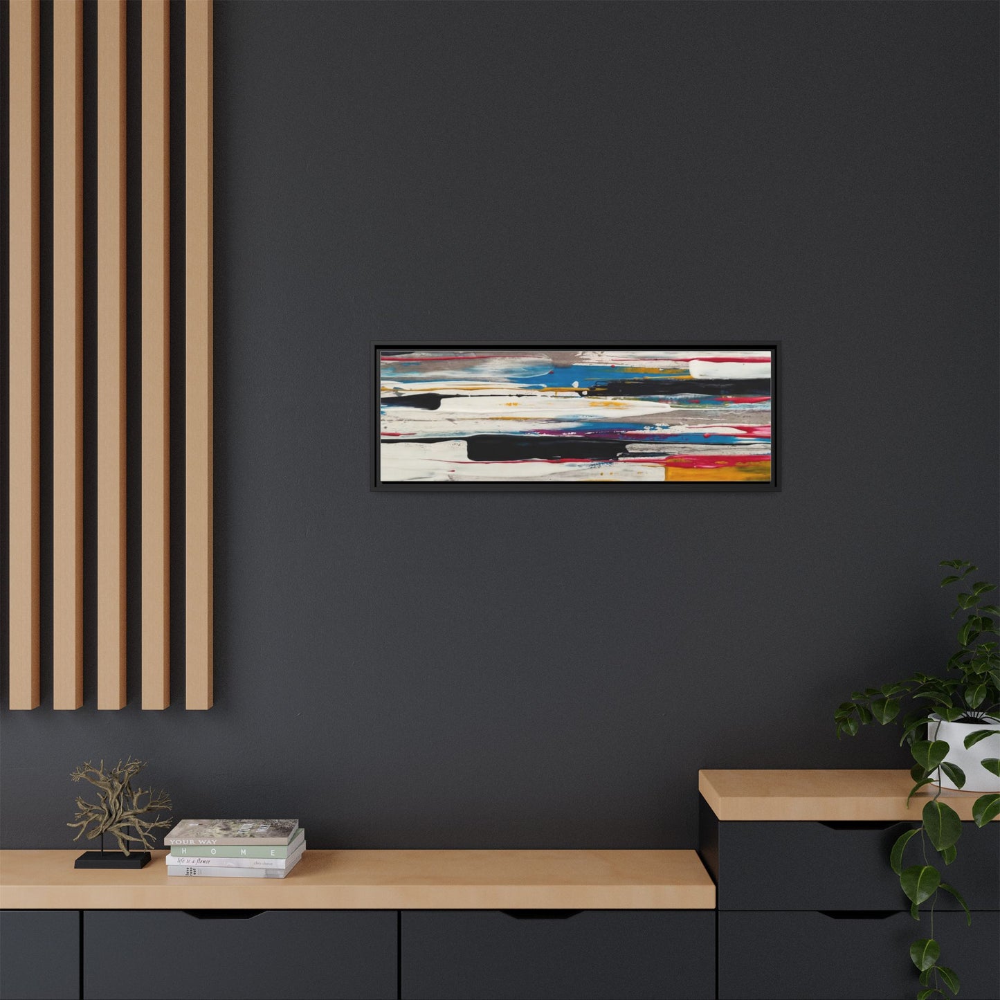 Abstract Multi-Color Framed Canvas Wall Art — Modern Horizontal Brushstroke Print