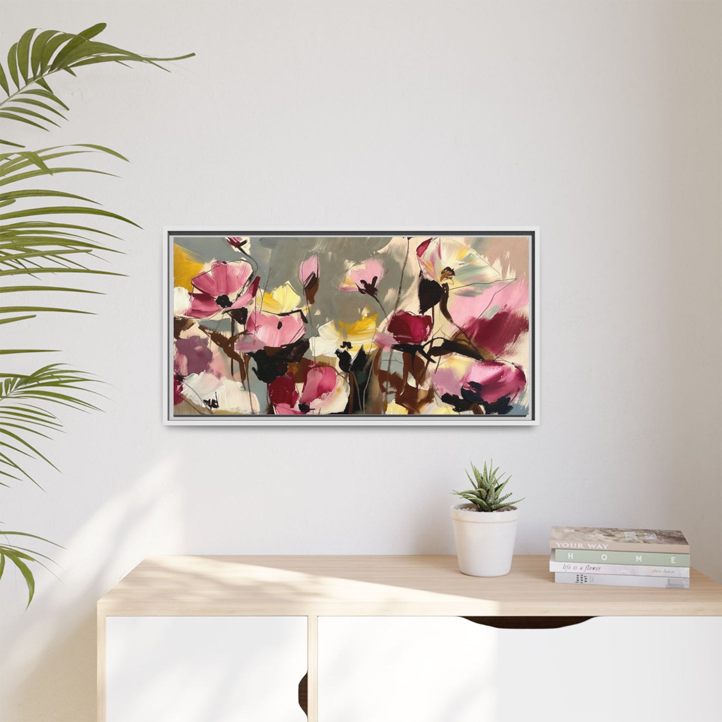 Framed Floral Canvas Wall Art — Abstract Pink & Yellow Flowers