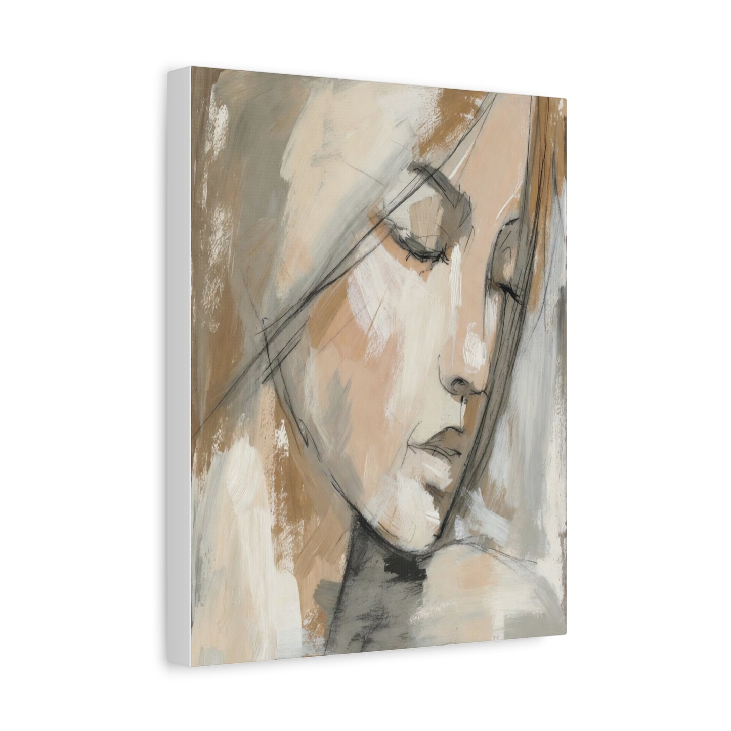 Serene Woman Portrait Matte Canvas Wall Art — Neutral Abstract Face Painting