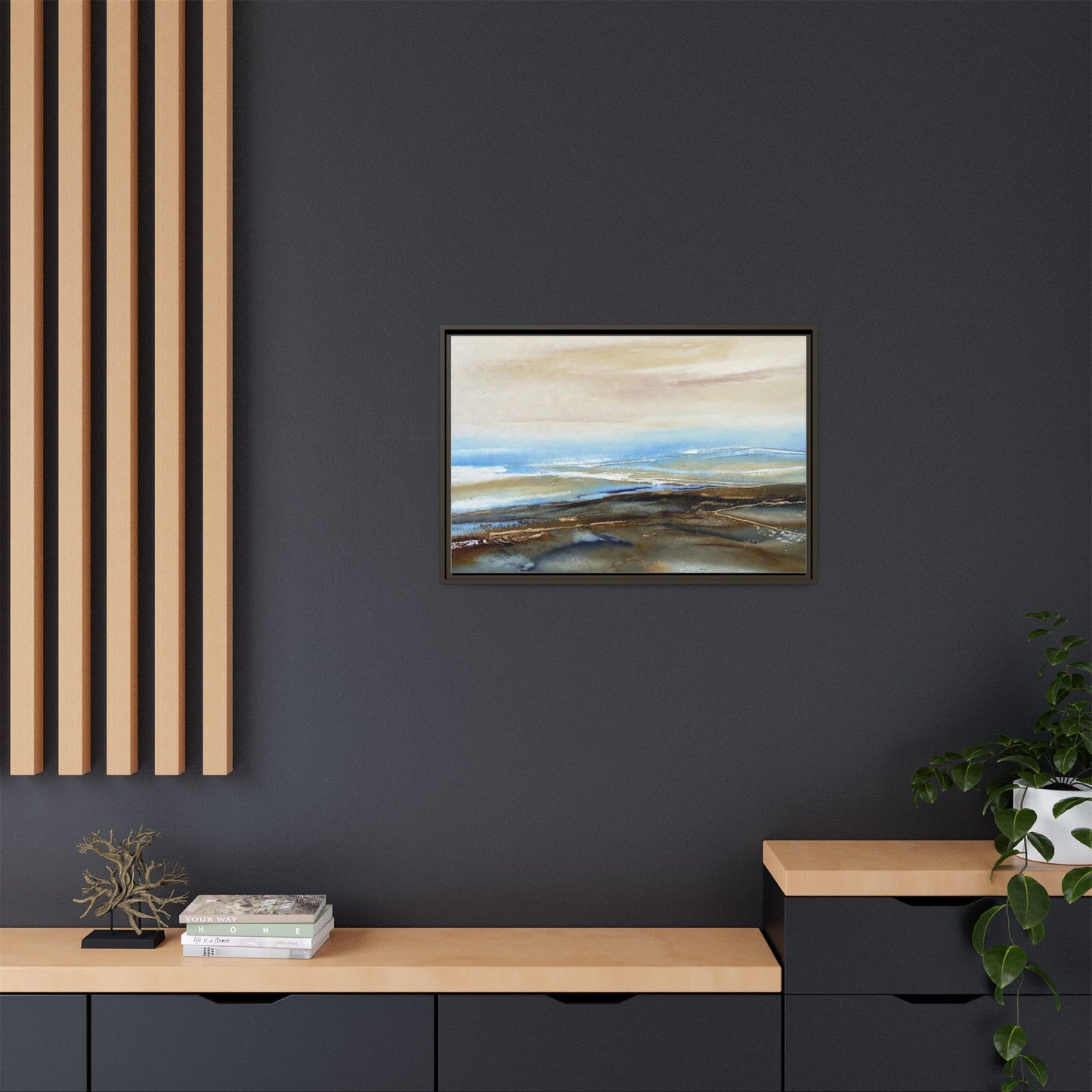 Framed Abstract Seascape Matte Canvas — Coastal Blue & Earth Tone Wall Art