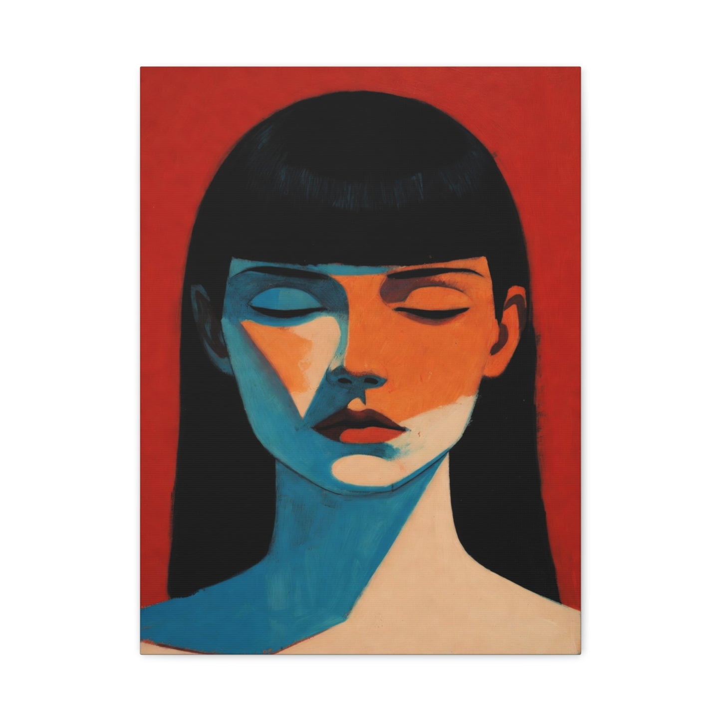 Portrait Canvas Wall Art — Modern Minimalist Woman in Red & Blue