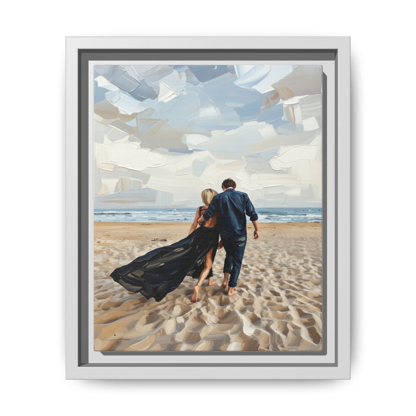 Framed Canvas Wall Art — Romantic Couple Walking on Beach Print