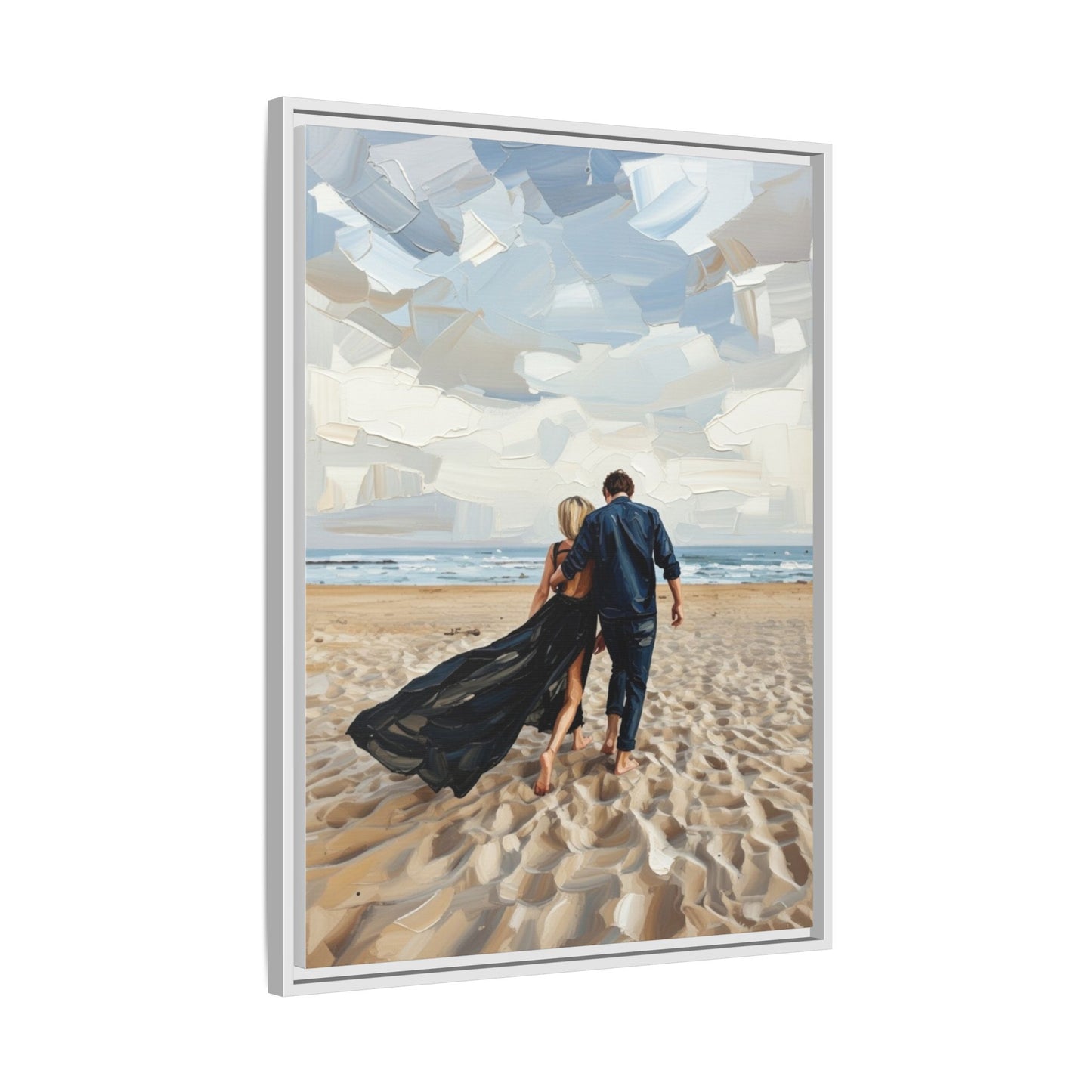 Framed Canvas Wall Art — Romantic Couple Walking on Beach Print
