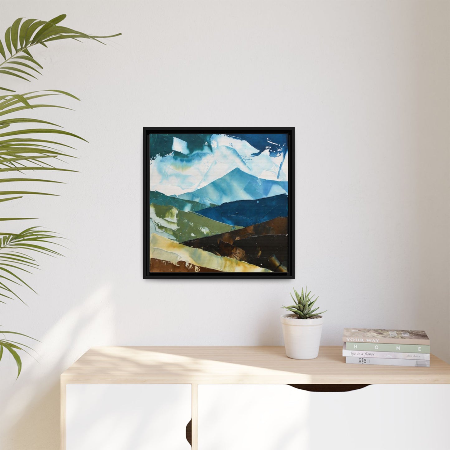 Framed Abstract Mountain Canvas Art — Blue & Earthtone Landscape Print