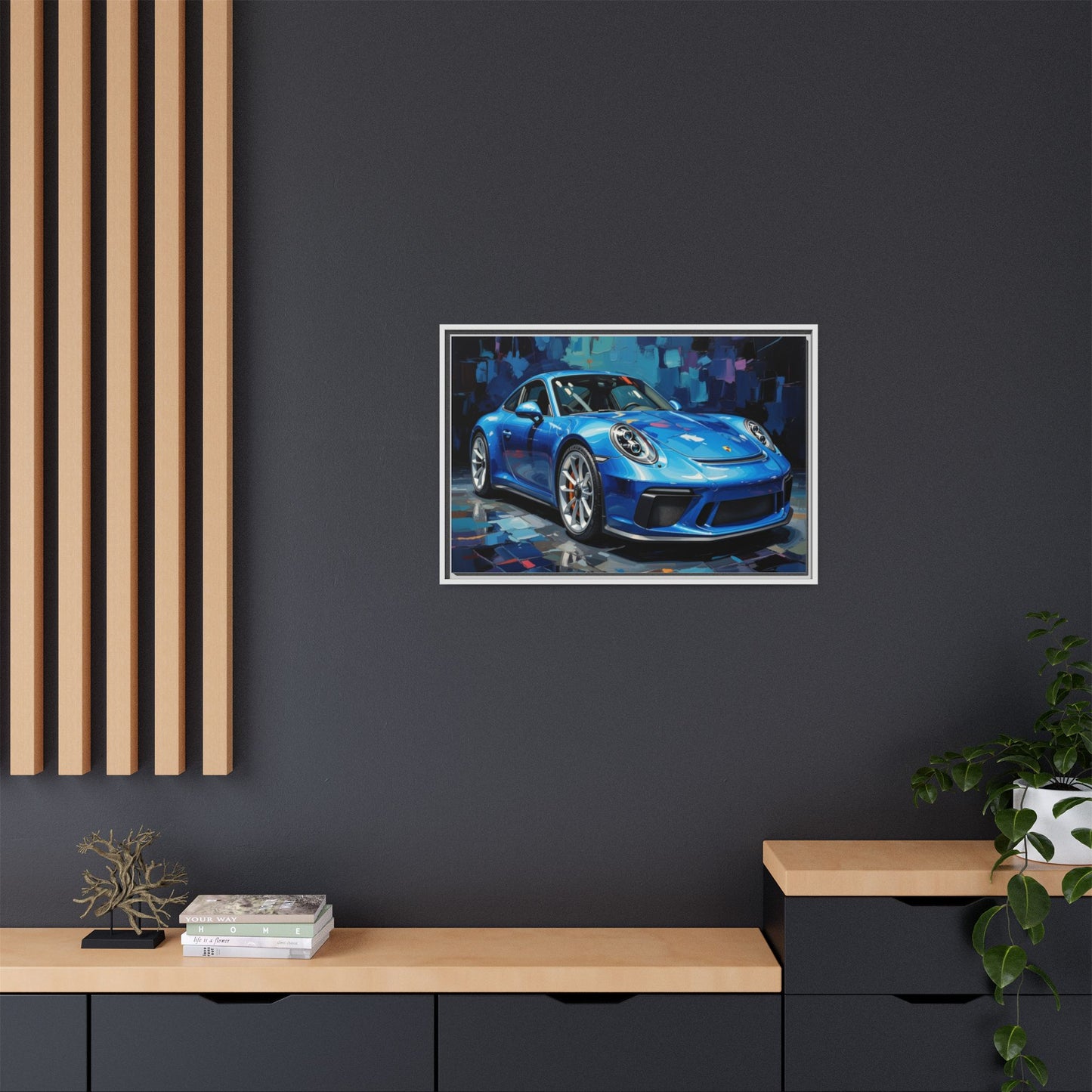 Blue Sports Car Matte Canvas Framed Print — Modern Automotive Wall Art