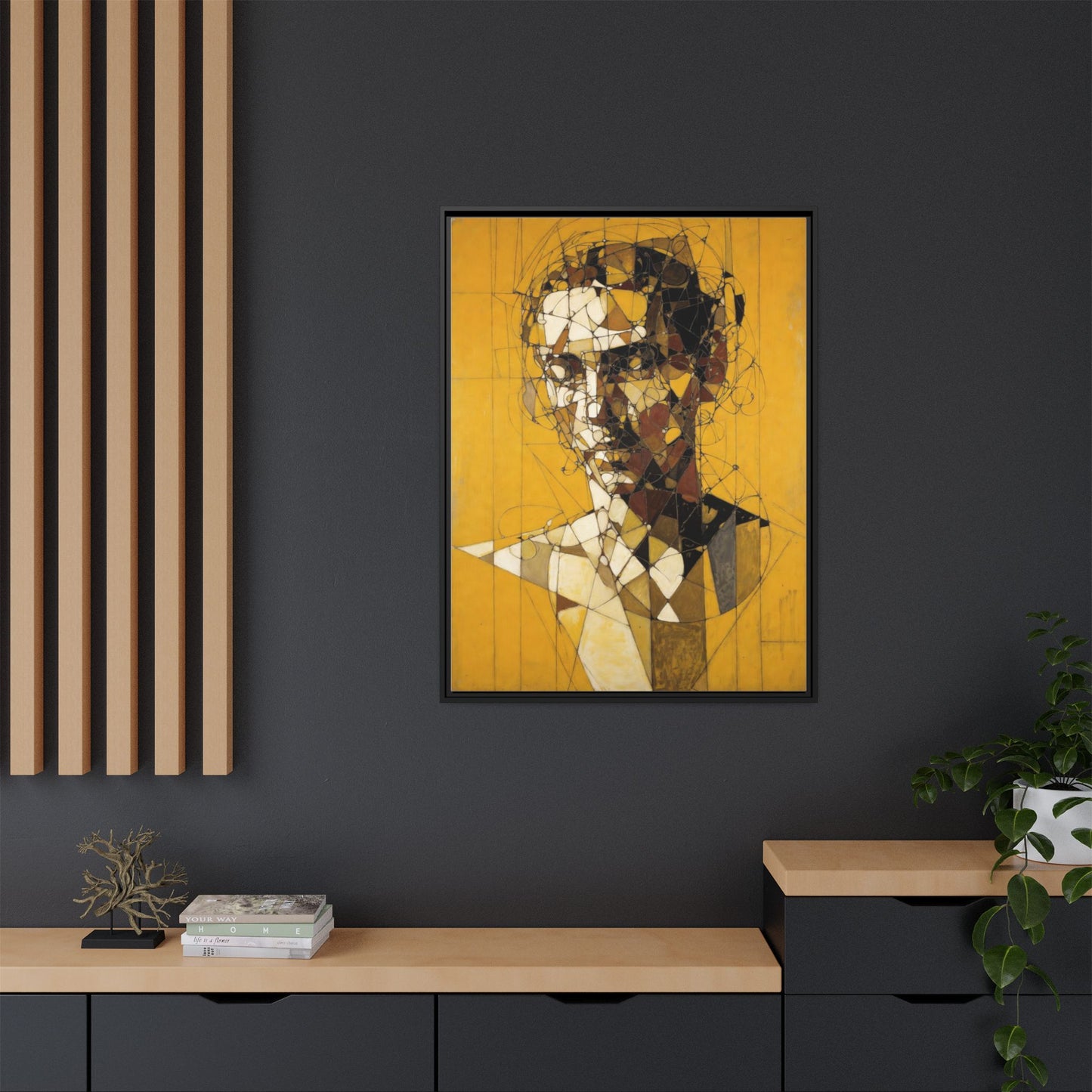 Framed Matte Canvas Art - Abstract Geometric Portrait on Mustard Yellow
