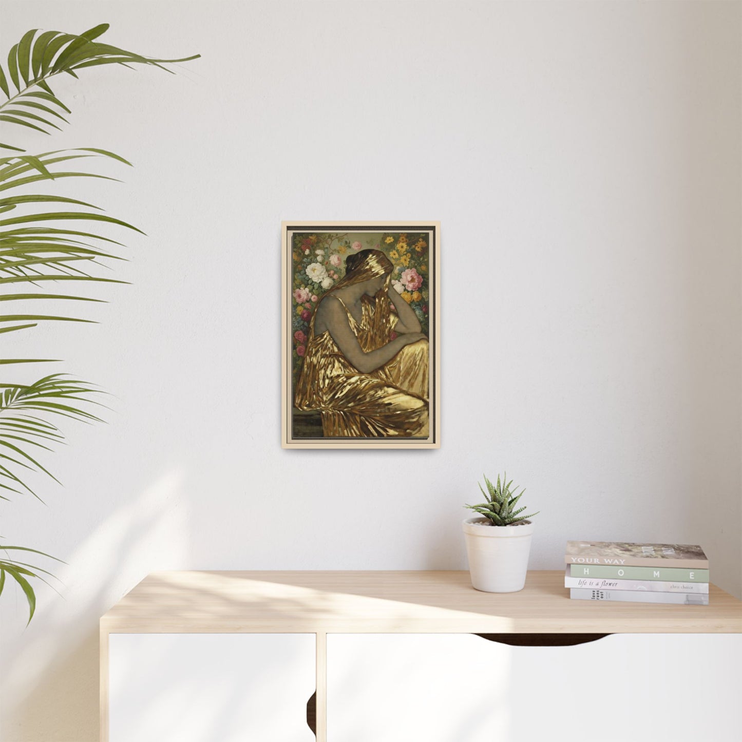 Framed Canvas Art Print — Golden Muse Woman with Floral Background