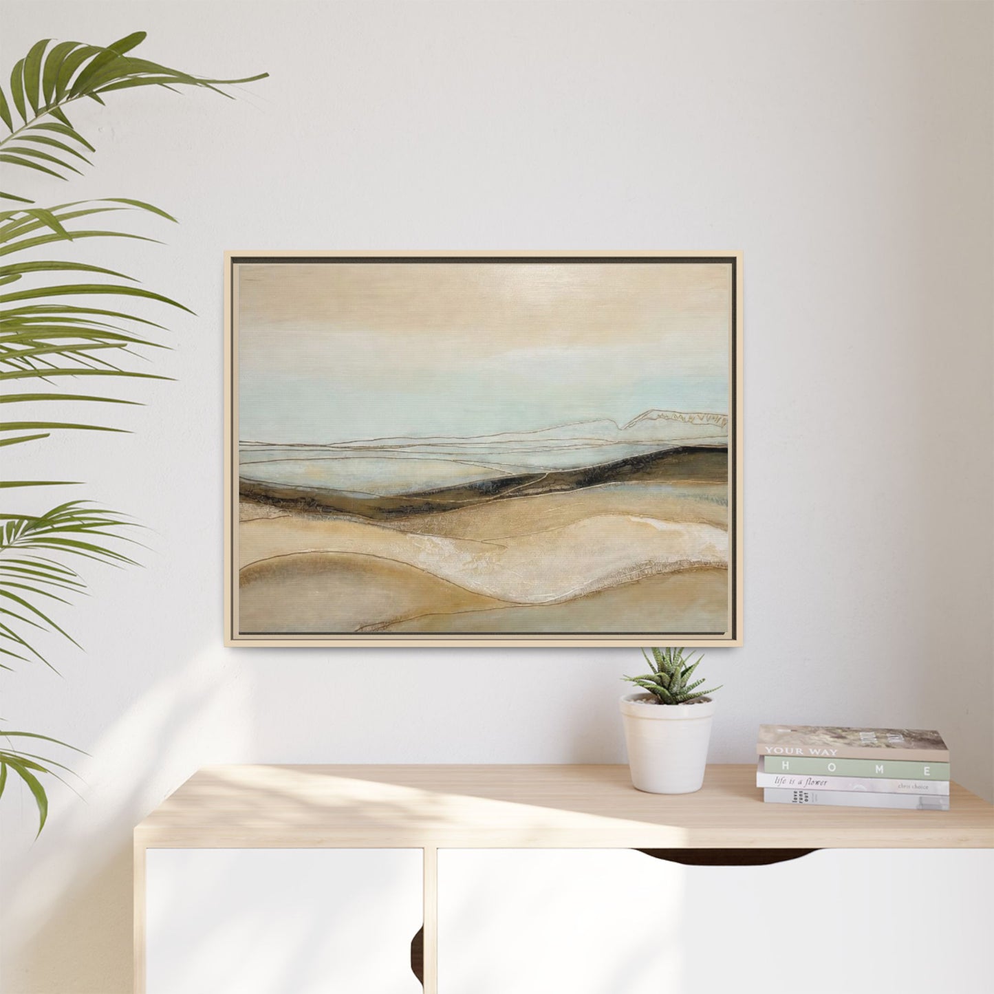 Framed Matte Canvas Wall Art — Neutral Abstract Landscape in Soft Blues & Earth Tones