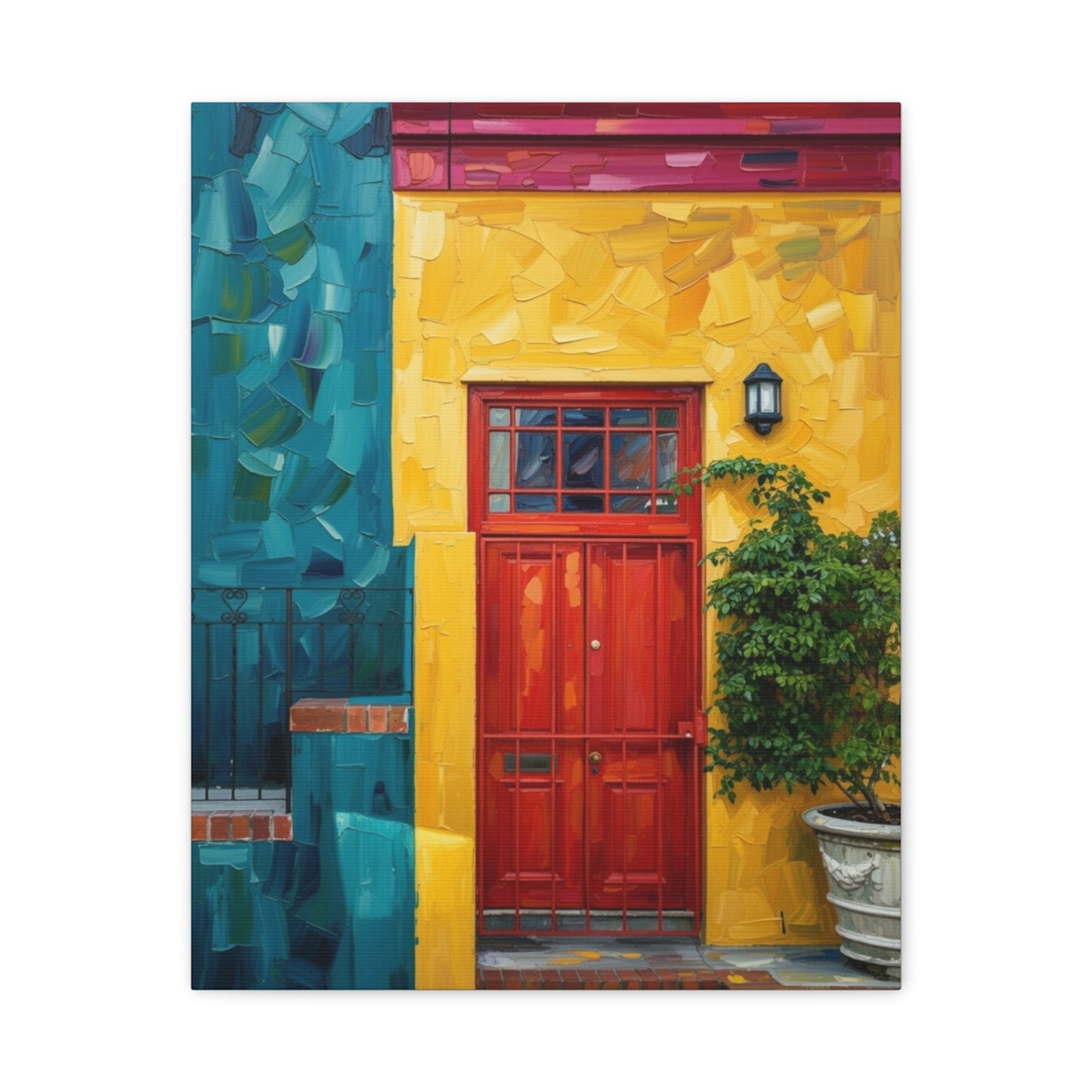 Colorful Doorway Canvas Wall Art — Vibrant Yellow & Teal Street Scene, Matte Stretched Print
