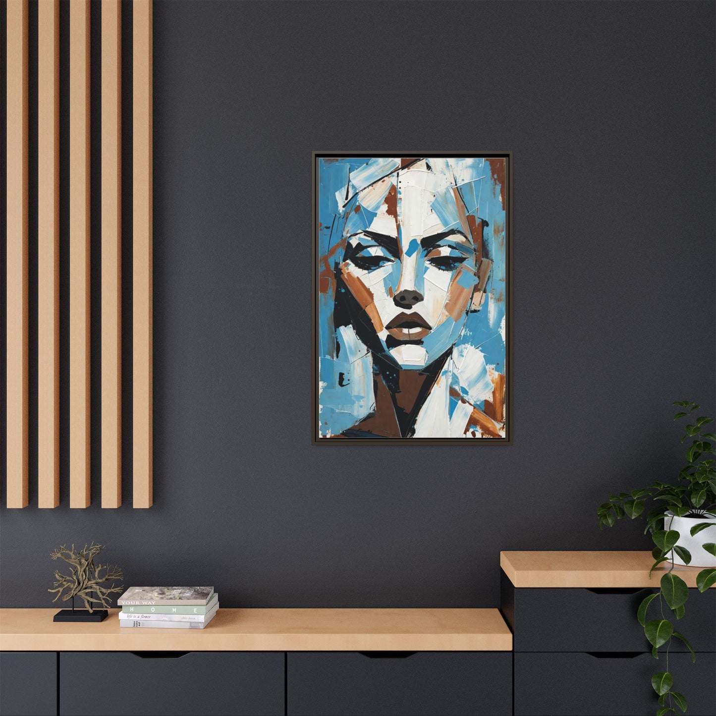 Abstract Blue Face Matte Canvas Wall Art — Framed Modern Portrait Print