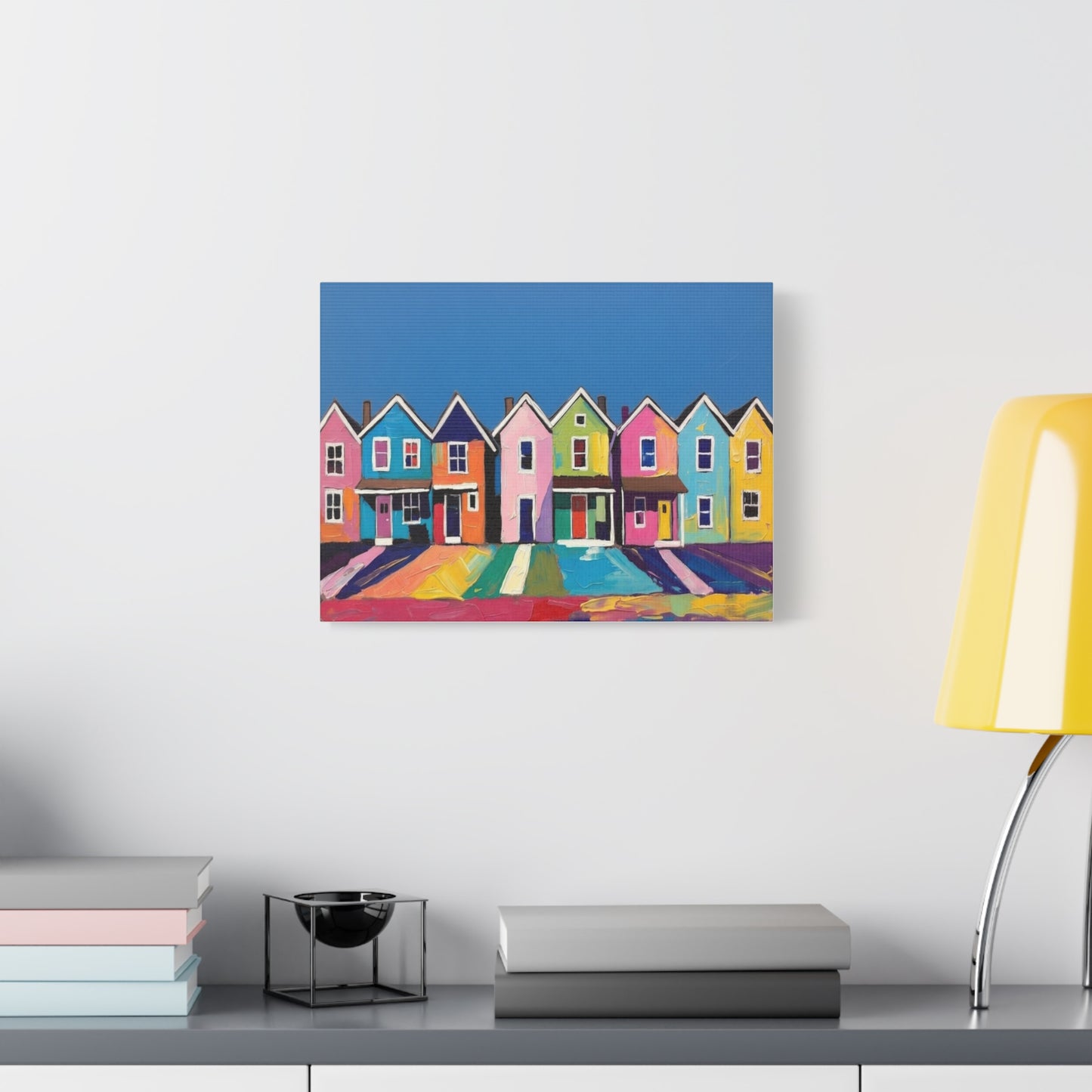 Colorful Row Houses Matte Canvas Print Vibrant Coastal Neighborhood Wall Art