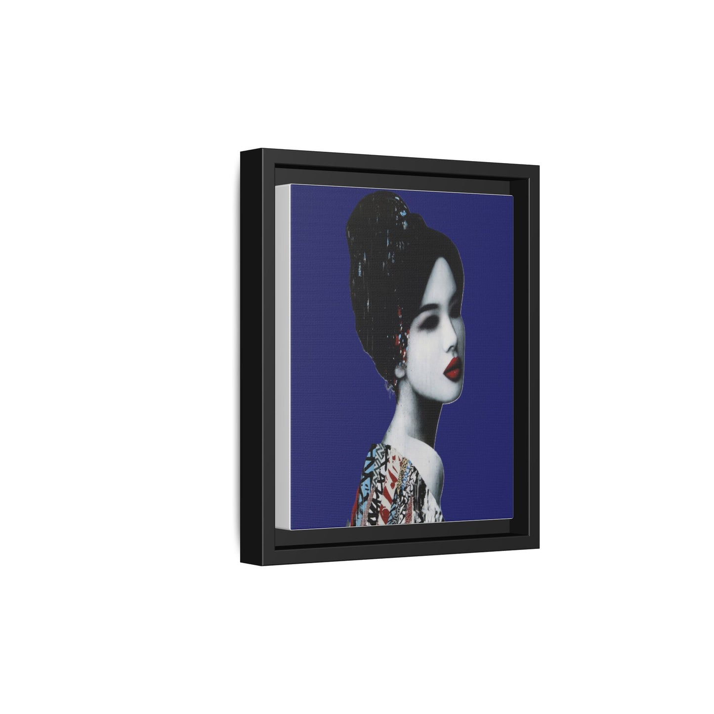 Framed Matte Canvas Art — Elegant Geisha Portrait on Deep Blue