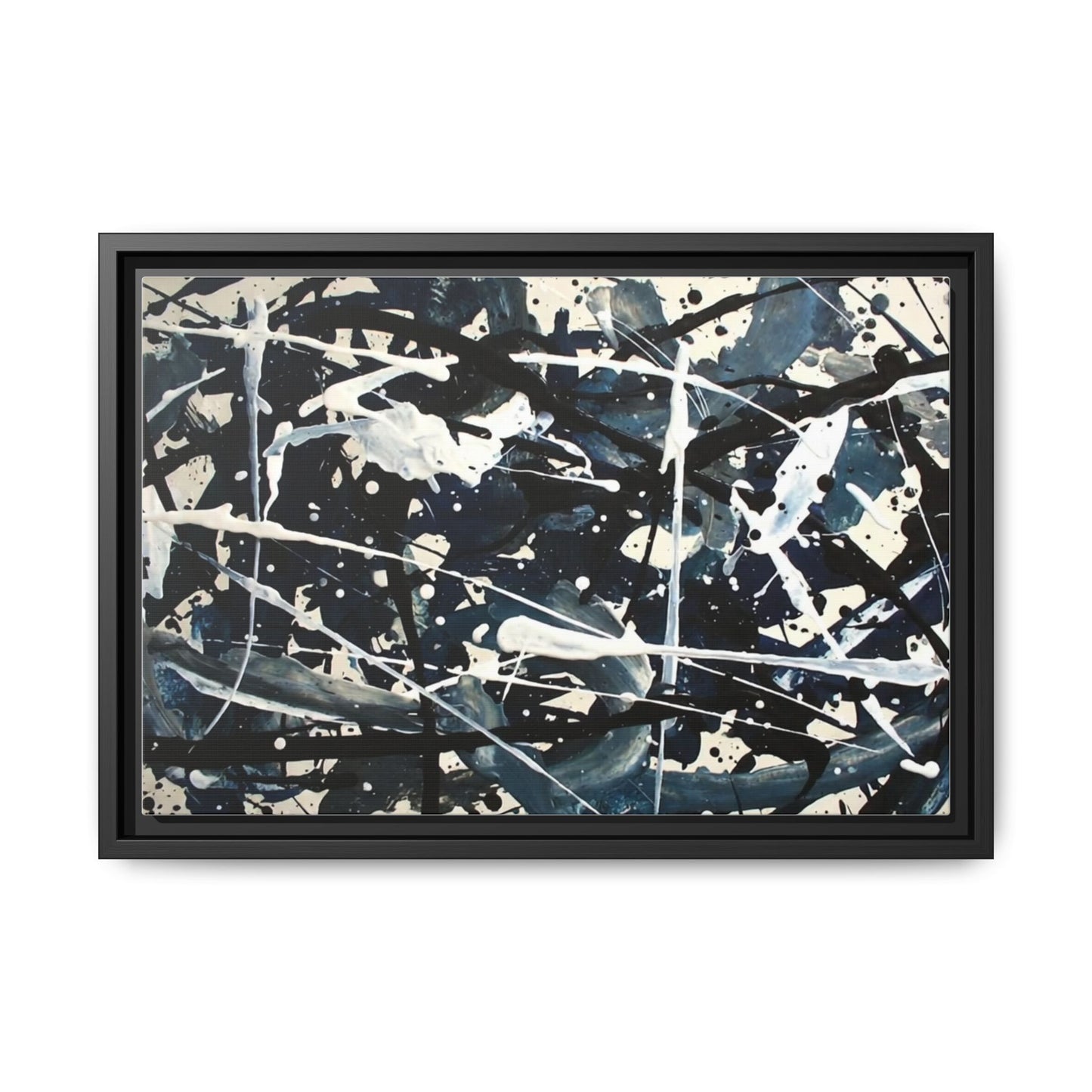 Abstract Splatter Matte Canvas Framed Wall Art — Black & Blue Modern Art Print