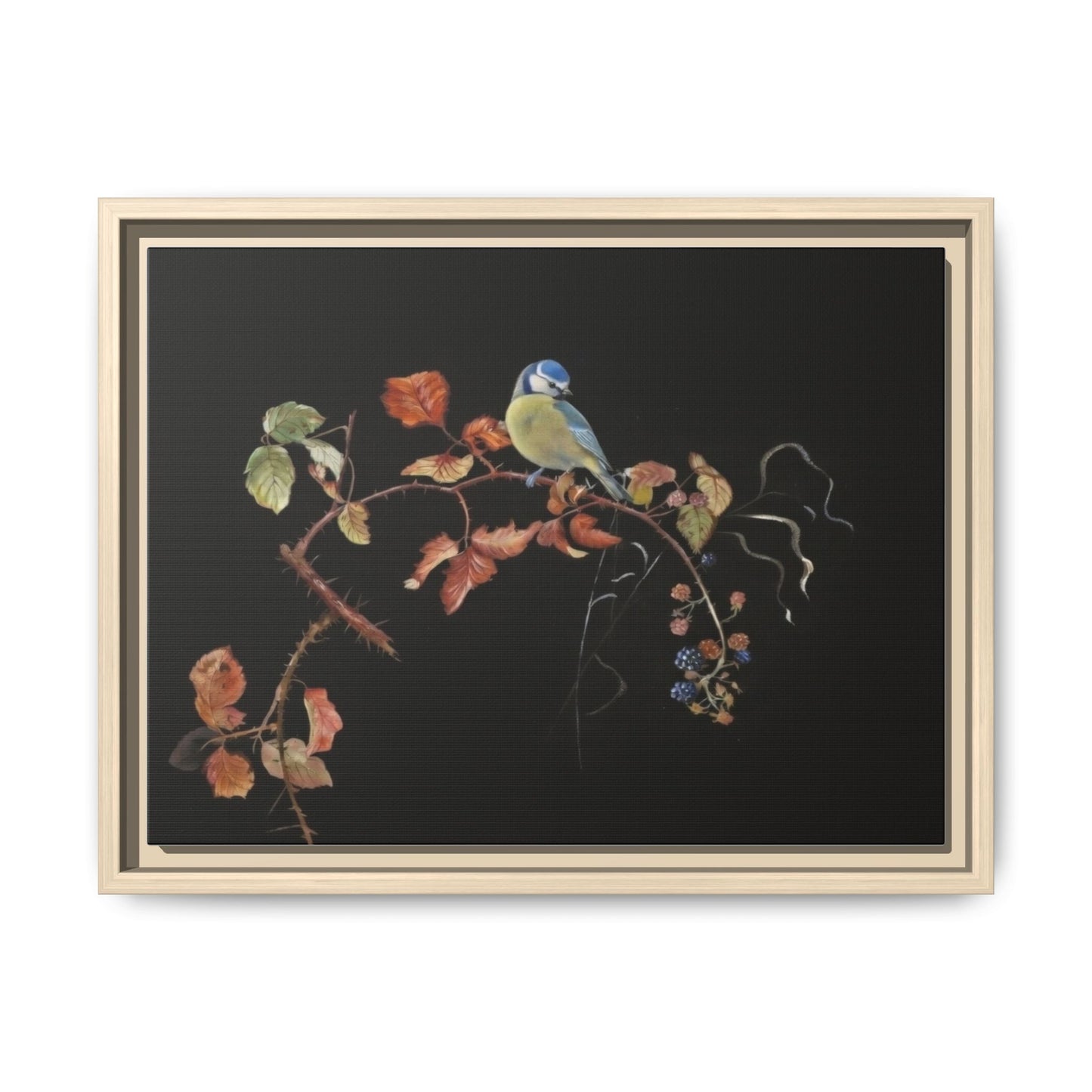 Framed Matte Canvas - Blue Tit on Autumn Branch Wall Art