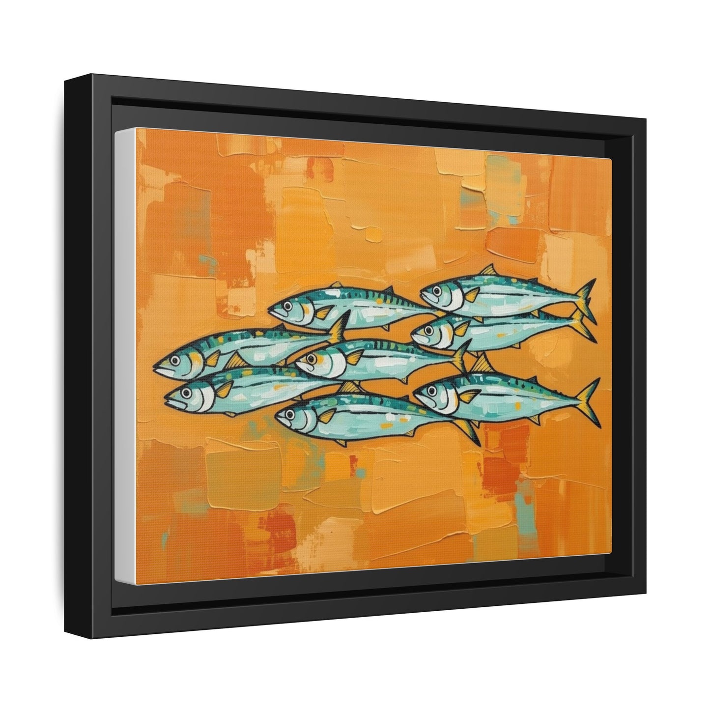 Framed Matte Canvas Print — School of Blue Fish on Orange Abstract Background