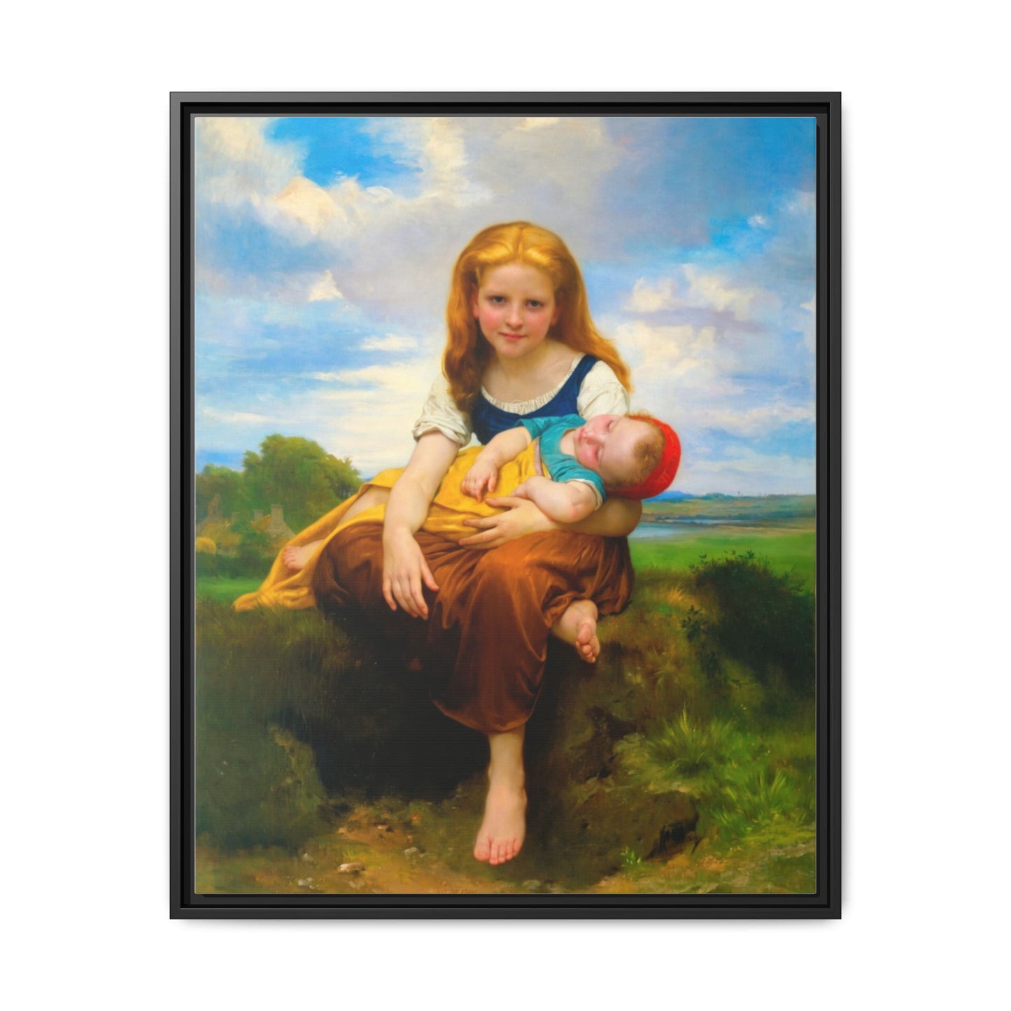 Young Girl Holding Sleeping Baby Canvas Print, Framed Wall Art