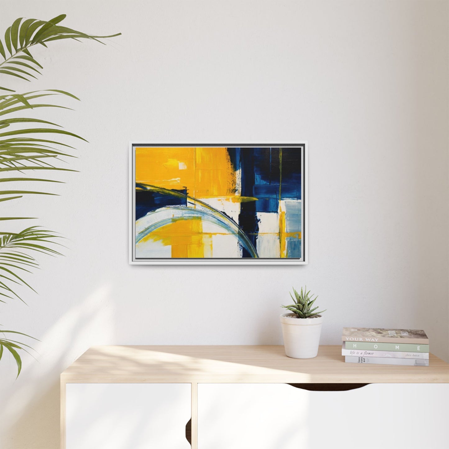 Abstract Yellow & Blue Framed Canvas Wall Art — Modern Matte Canvas Print