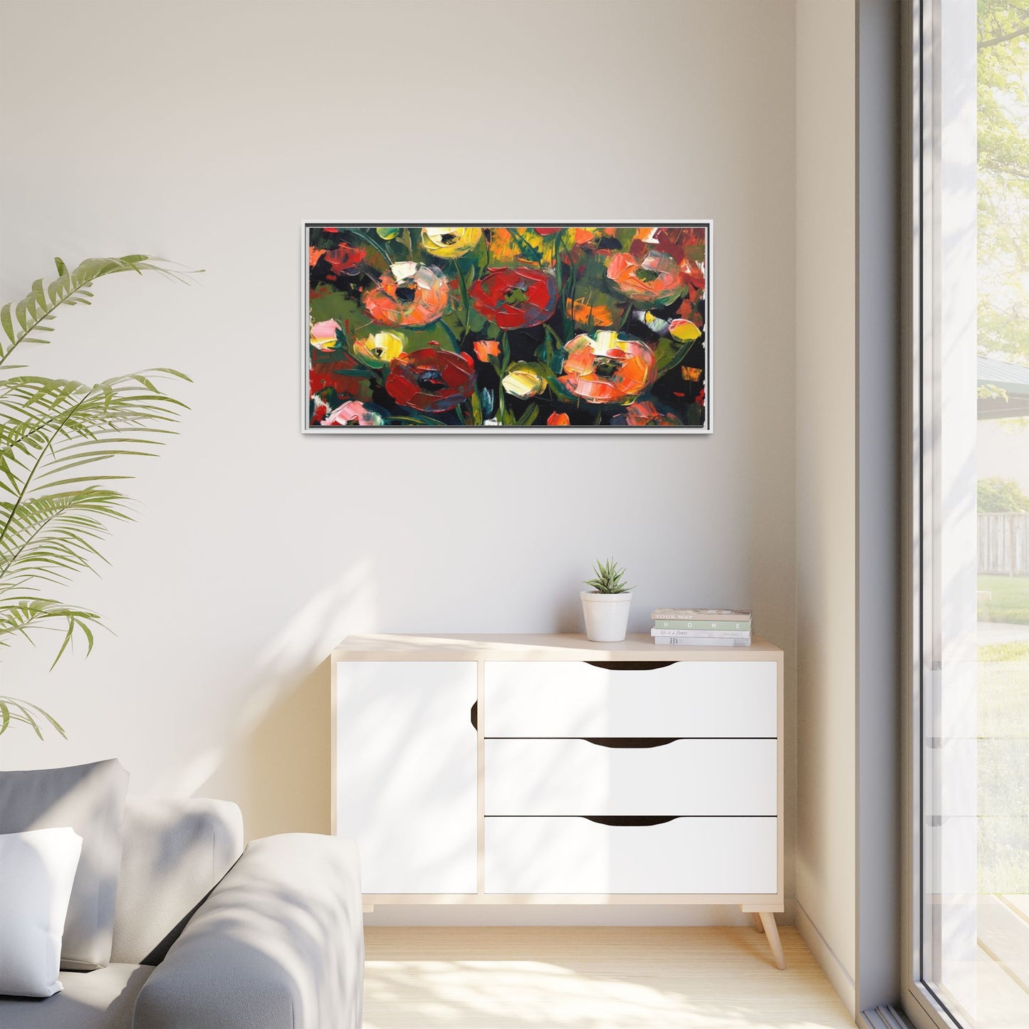 Framed Floral Canvas Print — Vibrant Abstract Poppies Wall Art