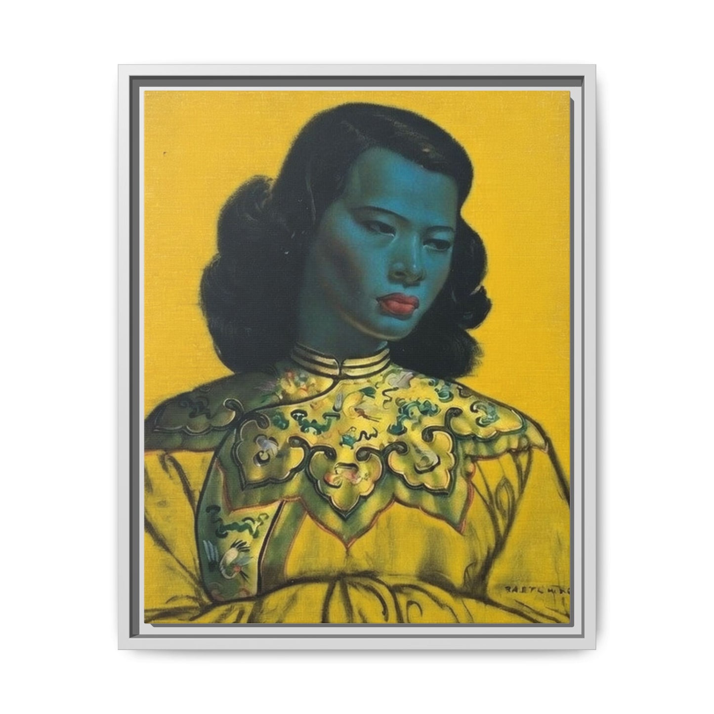 Framed Matte Canvas Art Print — Vintage Portrait with Yellow Background