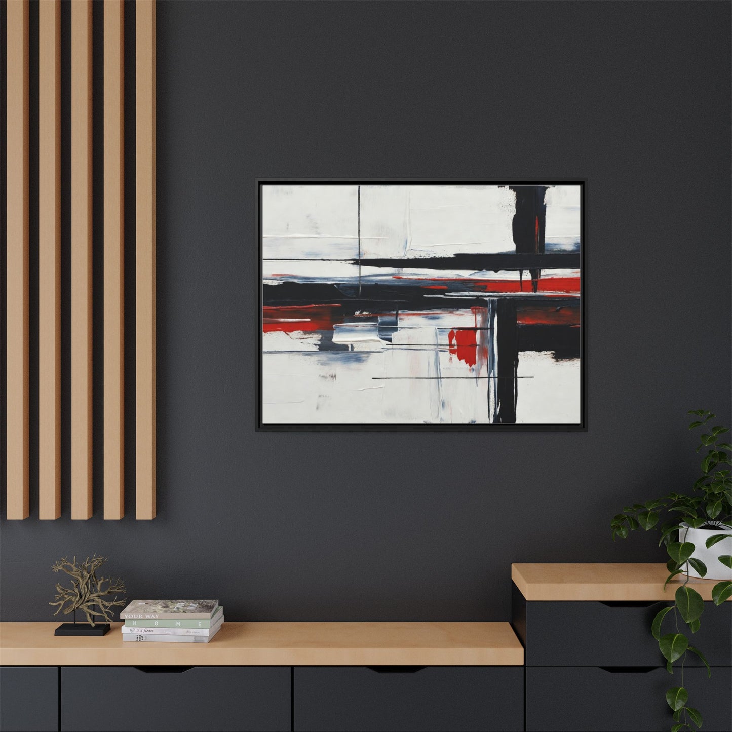 Abstract Red & Black Framed Canvas Art — Modern Matte Wall Painting
