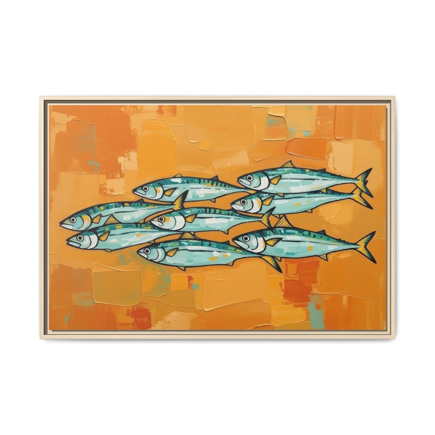 Framed Matte Canvas Print — School of Blue Fish on Orange Abstract Background