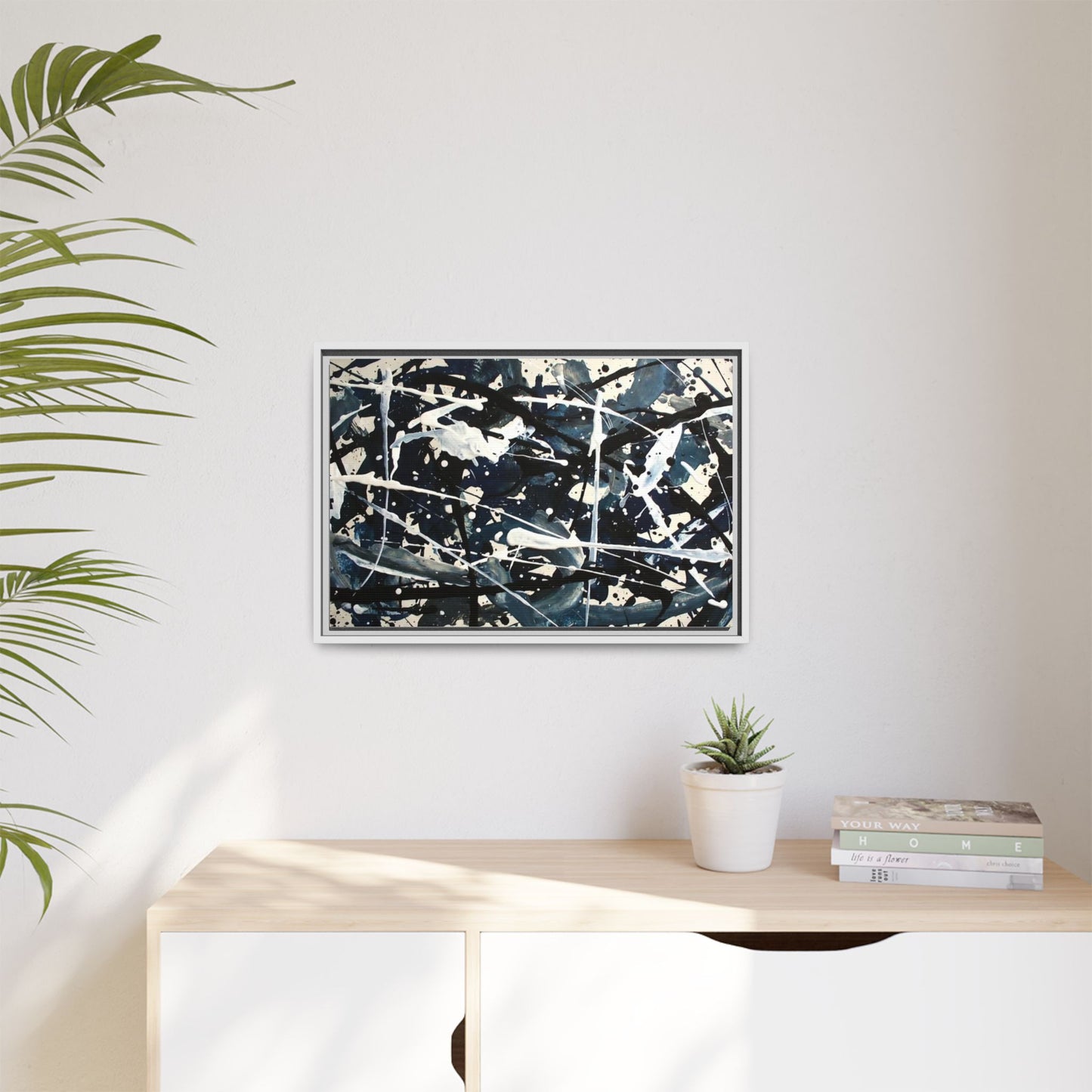 Abstract Splatter Matte Canvas Framed Wall Art — Black & Blue Modern Art Print
