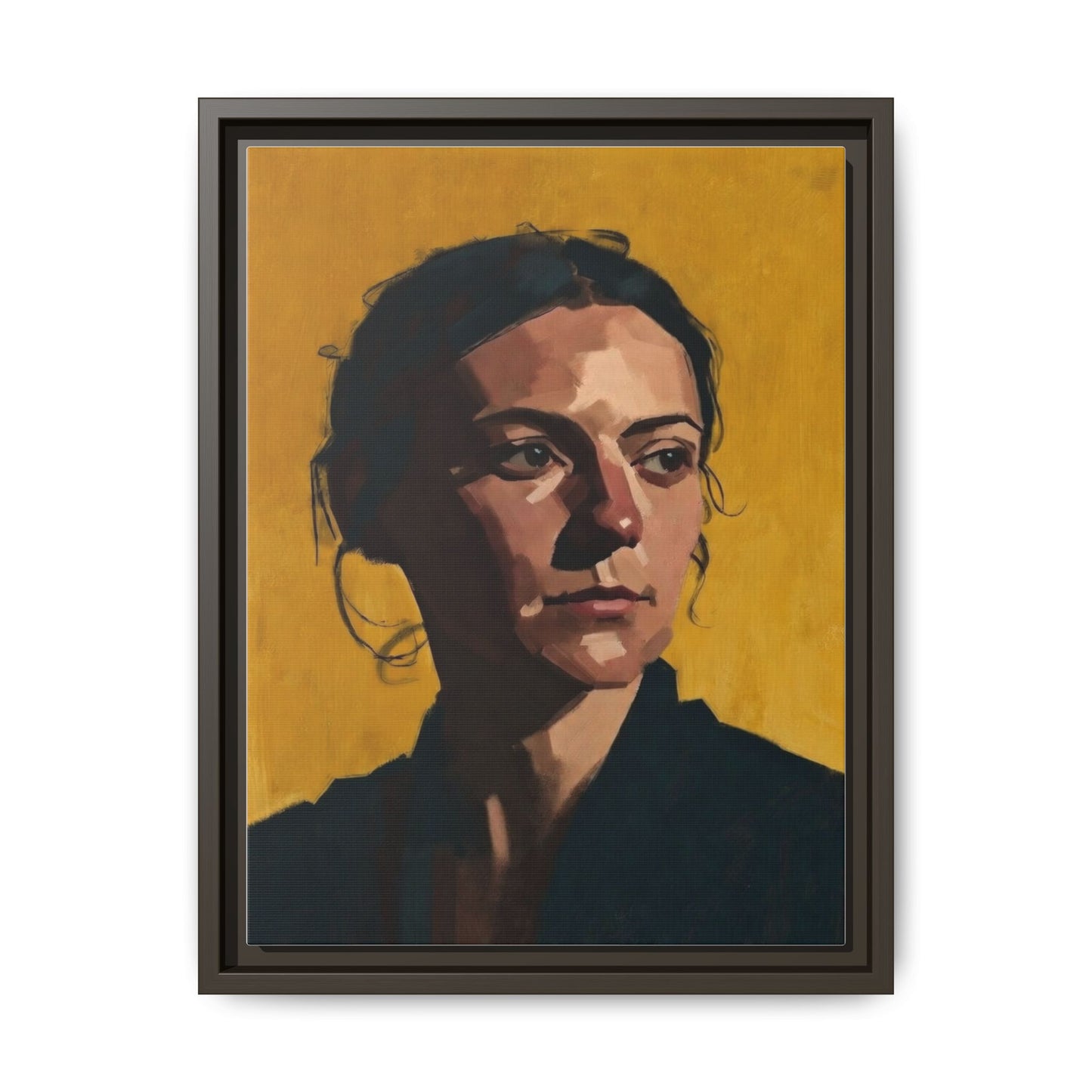 Framed Matte Canvas Portrait Art — Moody Woman on Mustard Background