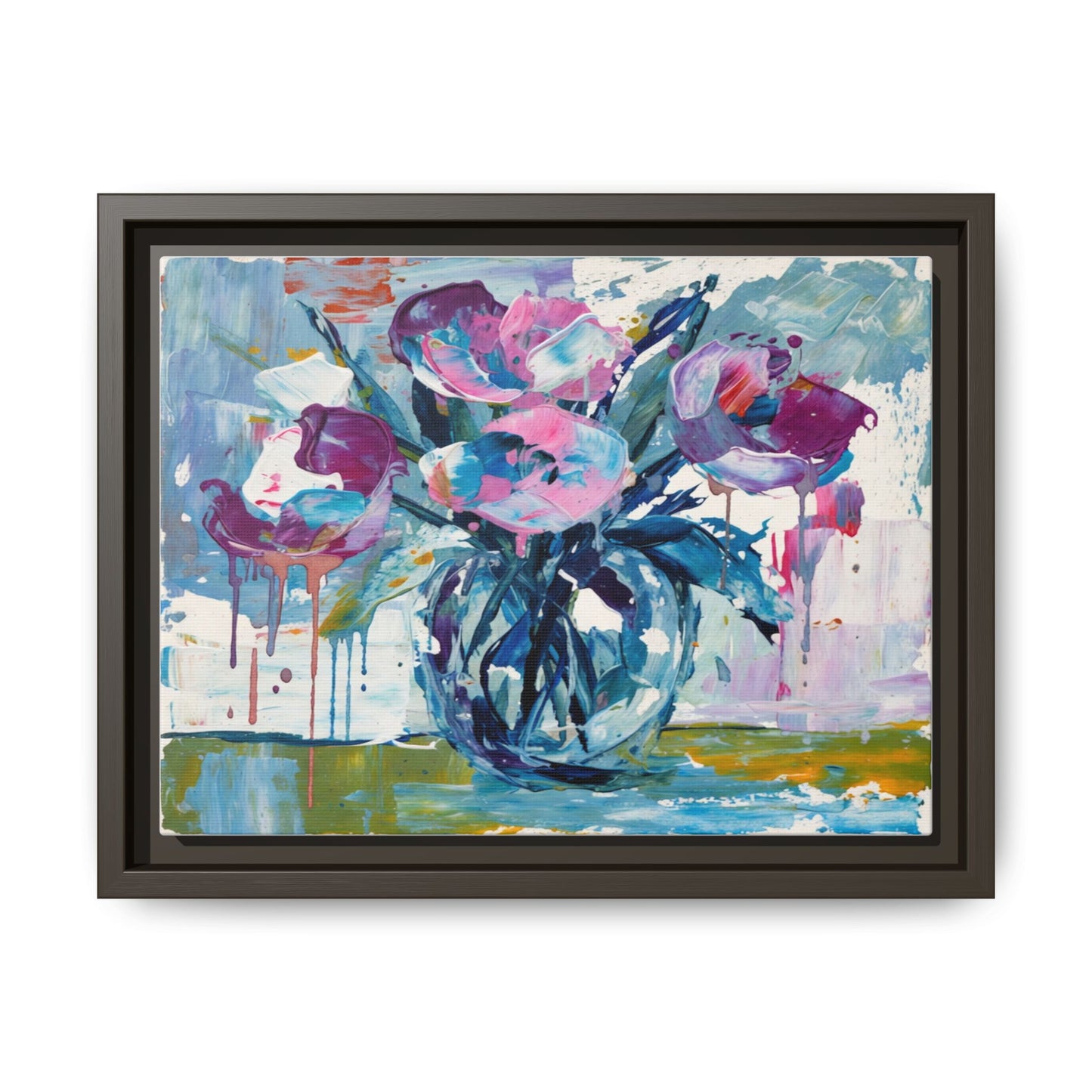 Framed Floral Canvas Art — Abstract Pink & Blue Bouquet