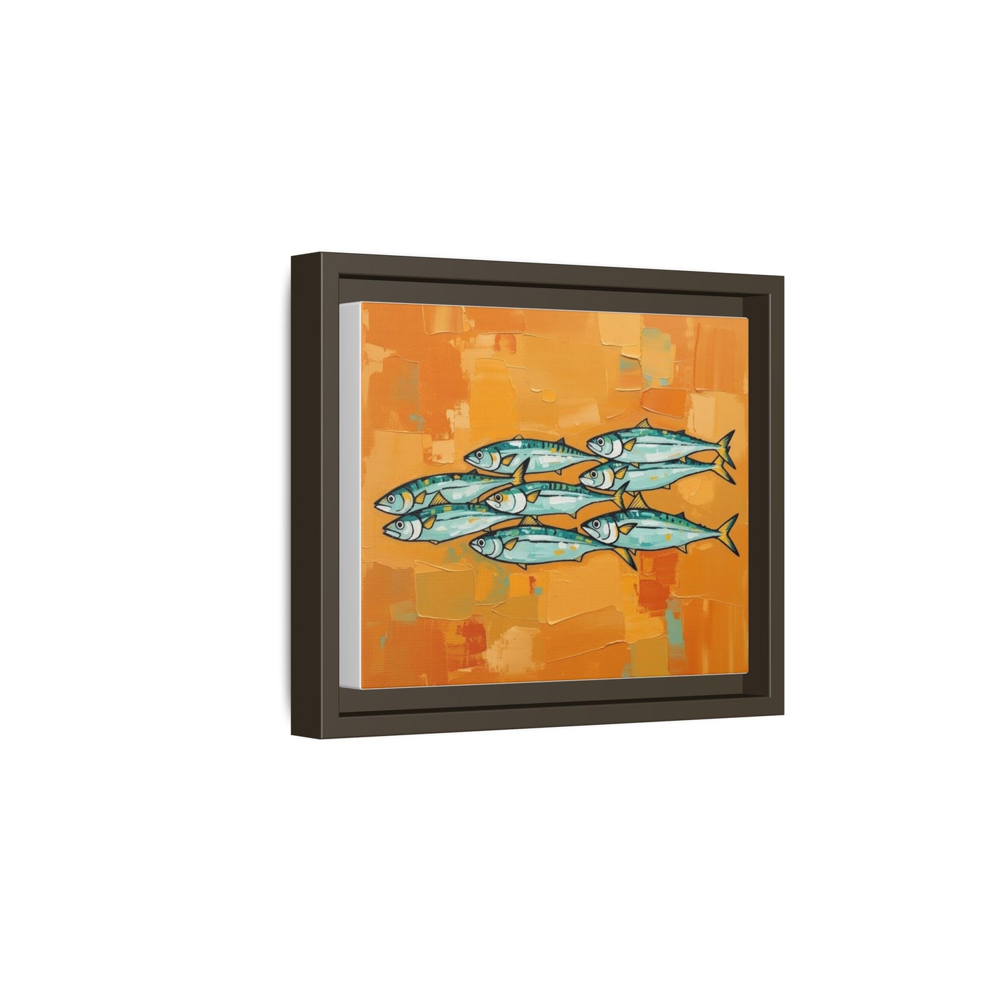 Framed Matte Canvas Print — School of Blue Fish on Orange Abstract Background