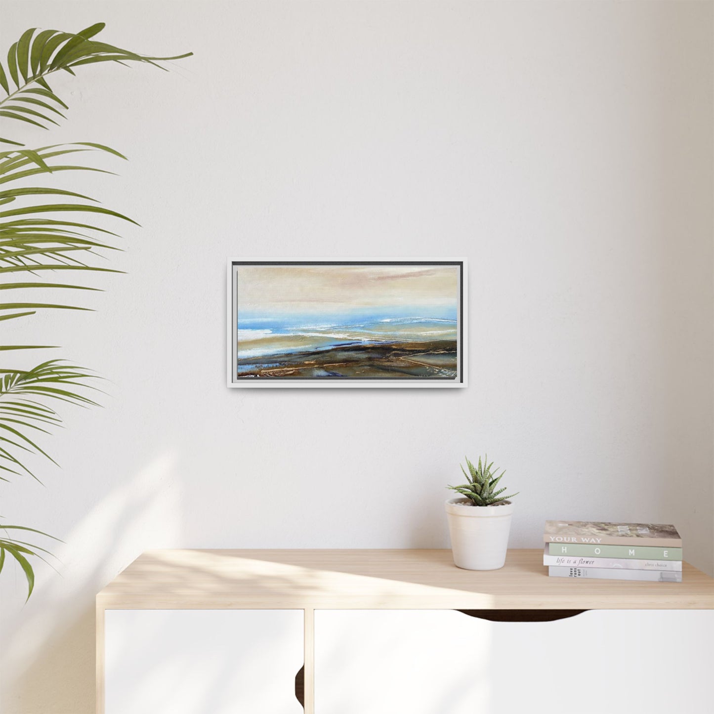 Framed Abstract Seascape Matte Canvas — Coastal Blue & Earth Tone Wall Art