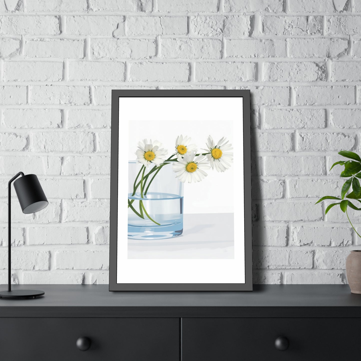 Framed Poster — Daisies in Glass Vase Wall Art, Minimal Botanical Print for Living Room