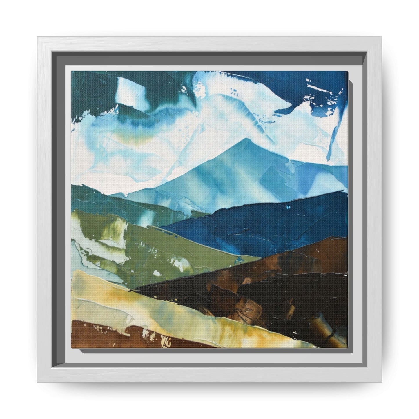 Framed Abstract Mountain Canvas Art — Blue & Earthtone Landscape Print