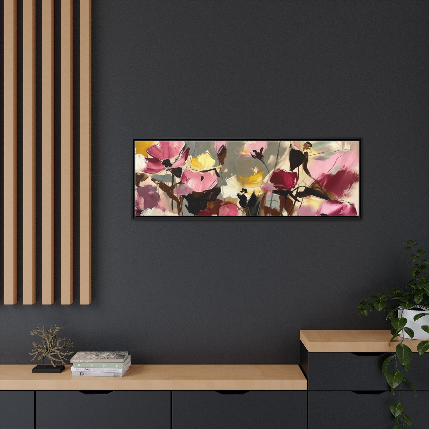 Framed Floral Canvas Wall Art — Abstract Pink & Yellow Flowers