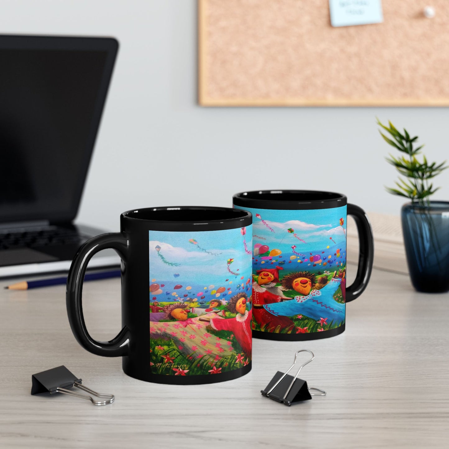 Black Ceramic Mug — Whimsical Kite Festival Art (11oz & 15oz)