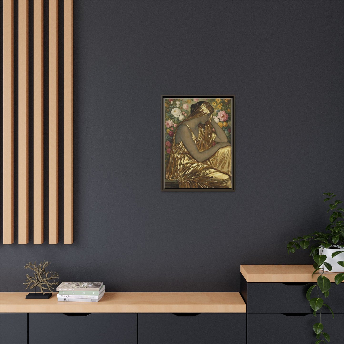 Framed Canvas Art Print — Golden Muse Woman with Floral Background
