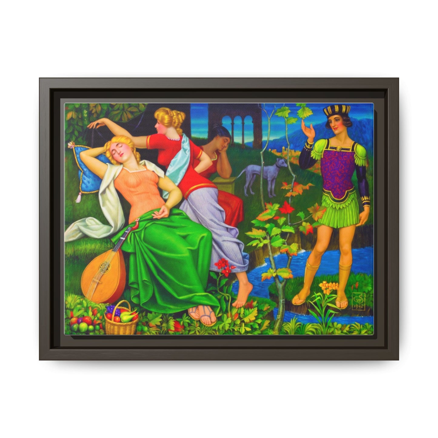 Framed Matte Canvas Art — Colorful Mythic Garden Scene