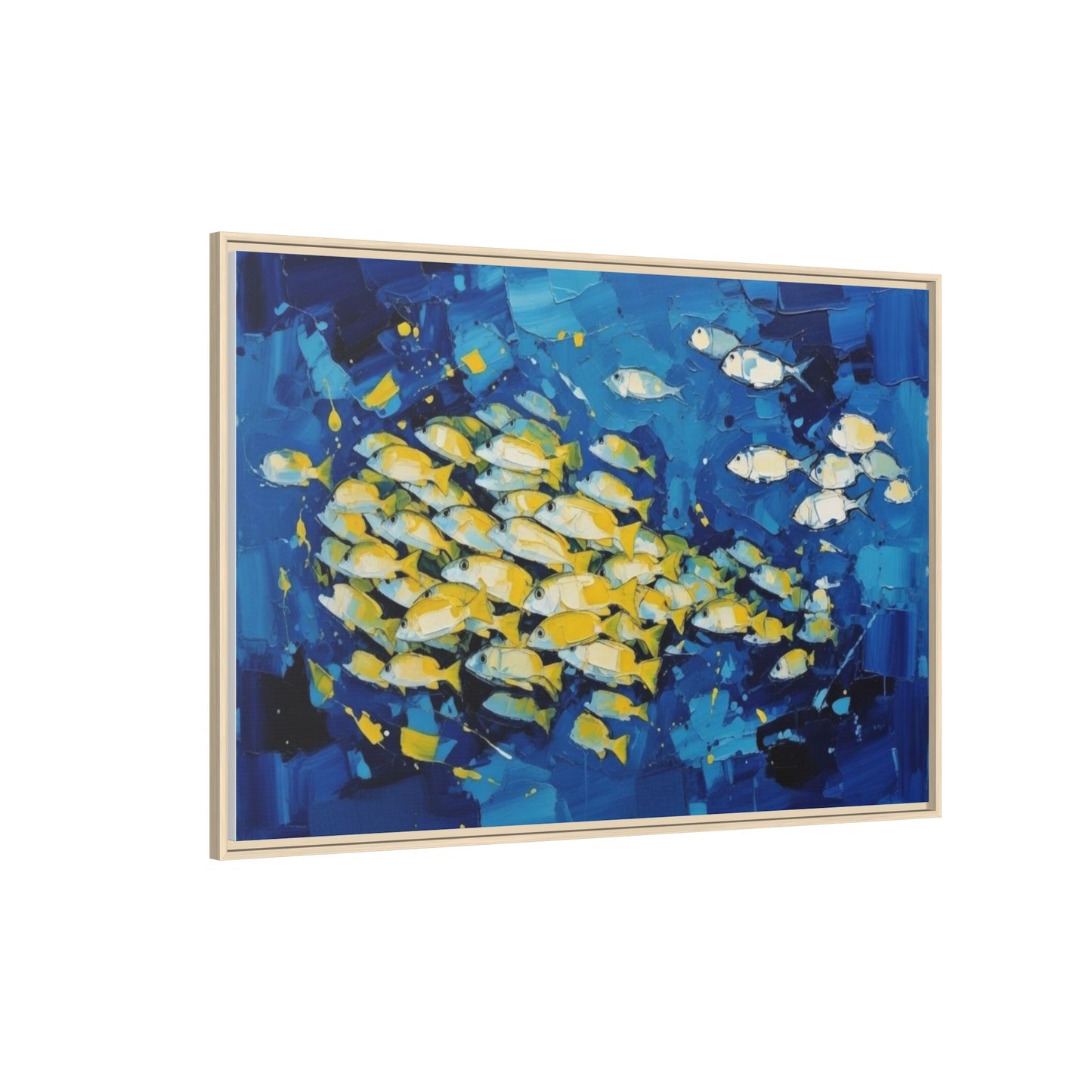 Framed Matte Canvas: Blue School of Fish Wall Art