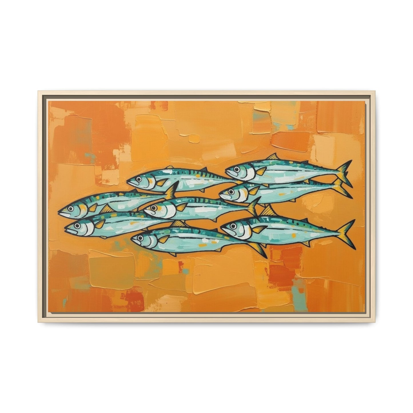 Framed Matte Canvas Print — School of Blue Fish on Orange Abstract Background
