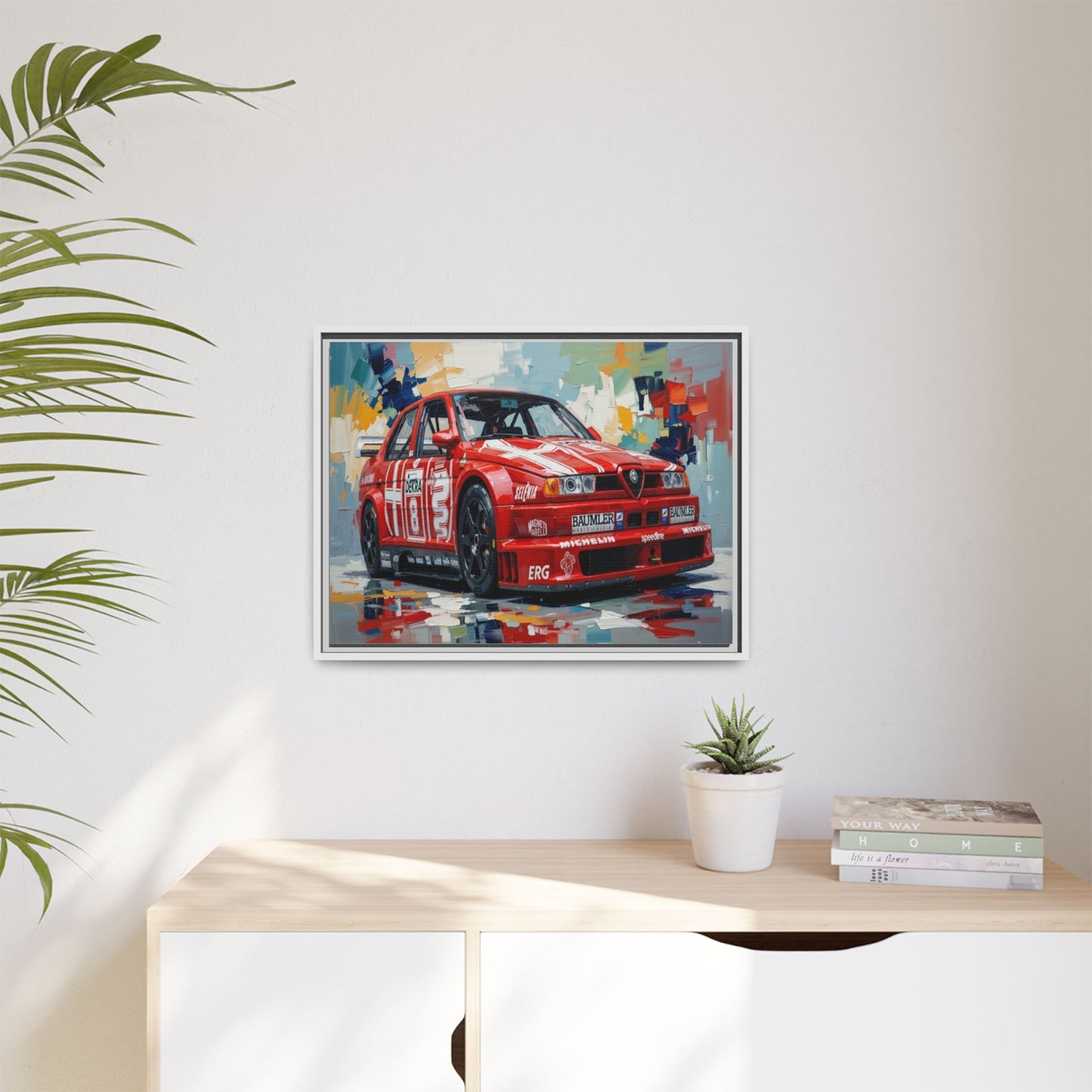 Framed Racing Car Canvas Print — Red Alfa Romeo Track Art