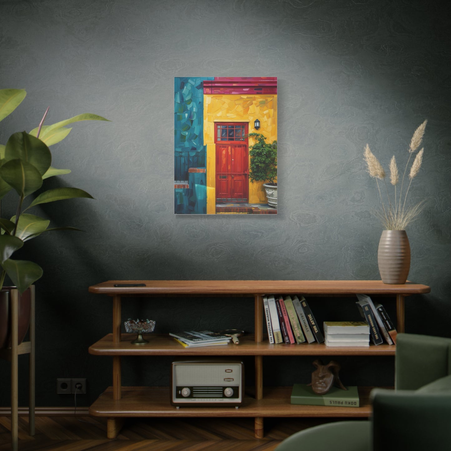 Colorful Doorway Canvas Wall Art — Vibrant Yellow & Teal Street Scene, Matte Stretched Print